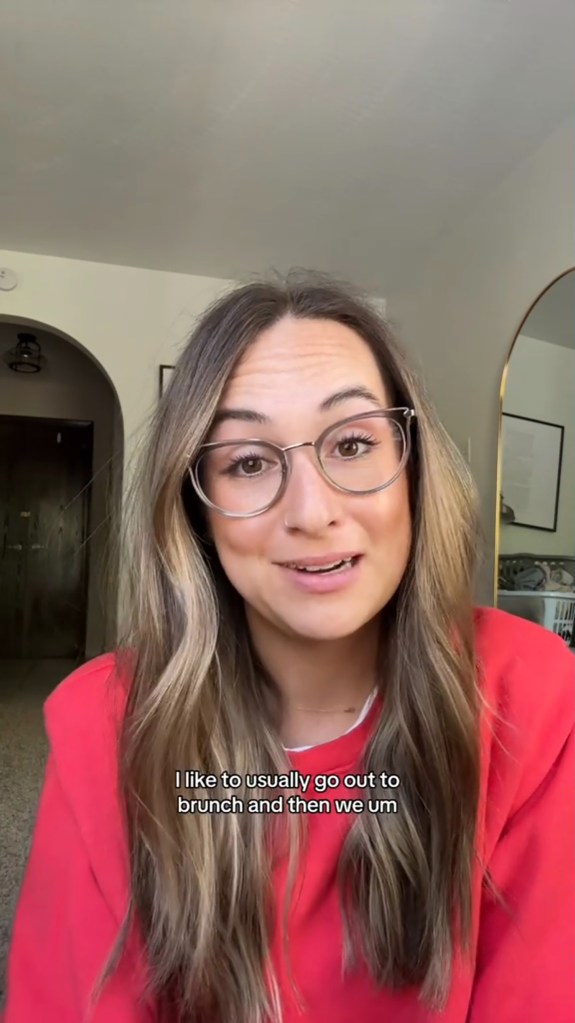 Emily Wehner wearing glasses expressing her opinion in a viral video about Mother's Day controversy