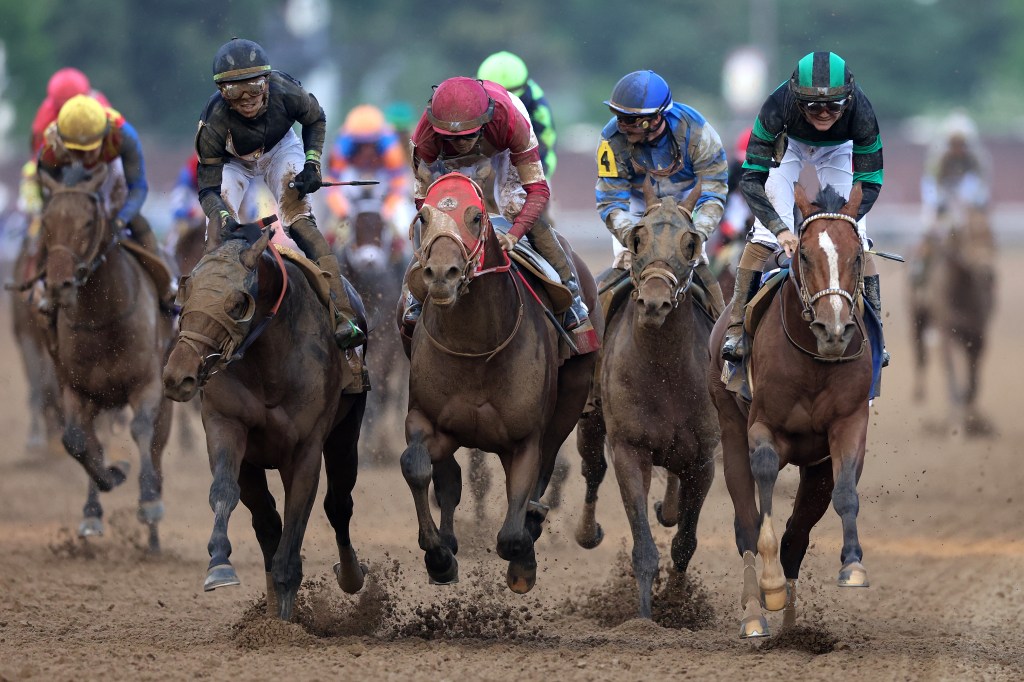 Mystic Dan (right) used the rail to surge ahead of the pack and win at Churchill Downs.
