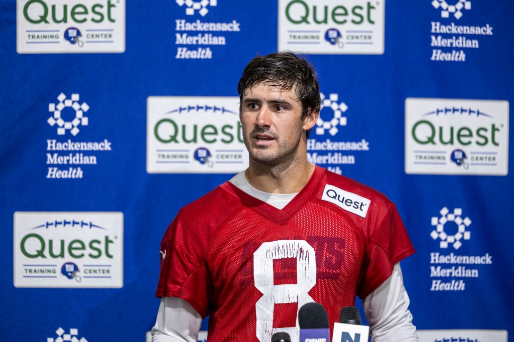 Daniel Jones speaks to the media after practice at the Quest Diagnostics Center, Thursday, May 23, 2024.