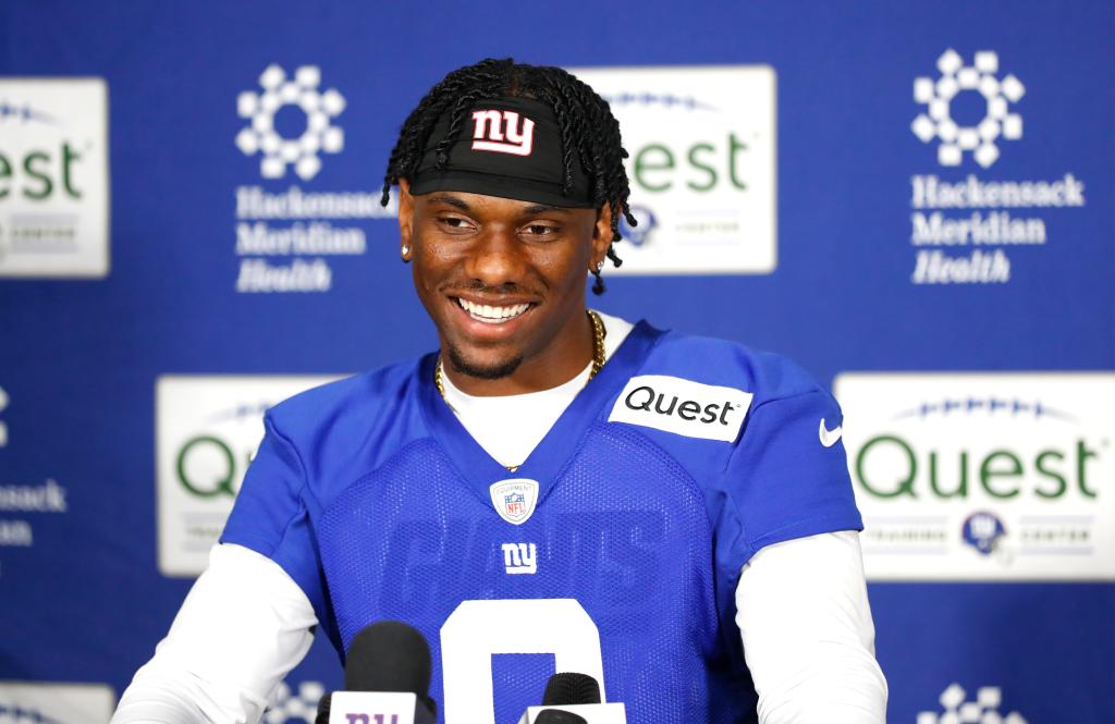 Giants wide receiver Malik Nabers answers questions from reporters during Rookie Minicamp.