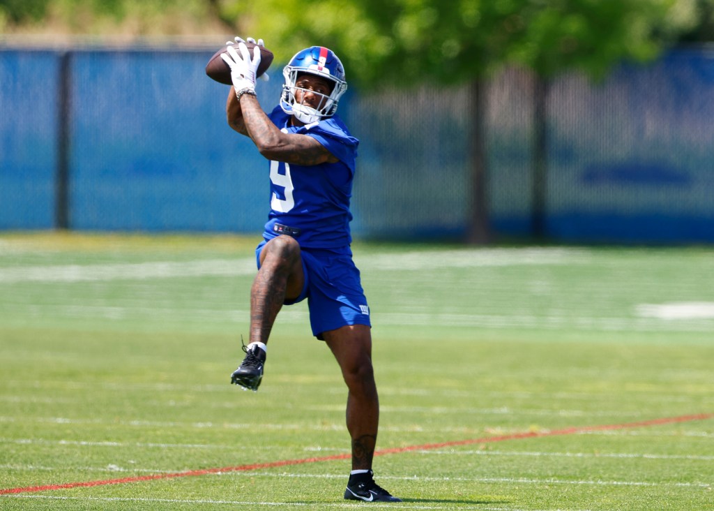  Giants wide receiver Malik Nabers makes a catch during Rookie Minicamp, Saturday,  May 11, 2024.