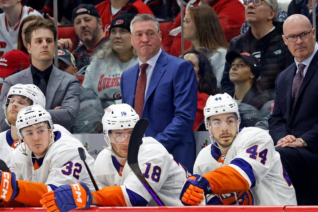 New York Islanders head coach Patrick Roy watches from the bench during the third period in Game 5 of an NHL hockey Stanley Cup first-round playoff series against the Carolina Hurricanes in Raleigh, N.C., Tuesday, April 30, 2024.