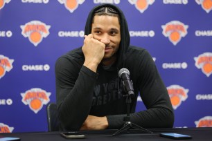 Josh Hart speaks with the media after Knicks practice on Sunday.