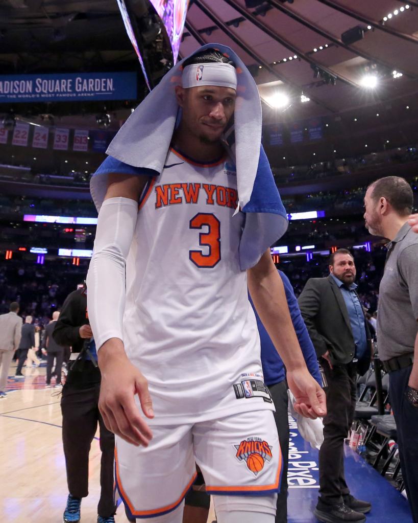 Josh Hart walks off the court after the Knicks Game 7 loss to the Pacers on Sunday.