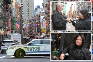 A composite photo of an NYPD car on patrol in Chinatown; Community activist Karlin Chan handing cannisters of pepper spray to Evelyn Garcia and another shot of Ms. Garcia.