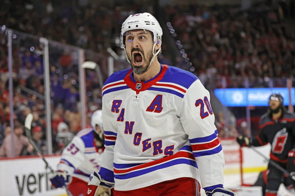 Chris Kreider #20 of the New York Rangers reacts after he scores the game winning goal in the third period. 