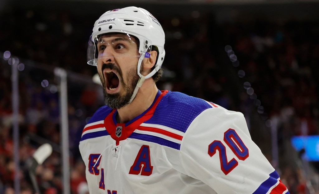 Chris Kreider celebrates his goal during the third period against the Carolina Hurricanes in Game Six of the Second Round of the 2024 Stanley Cup Playoffs.