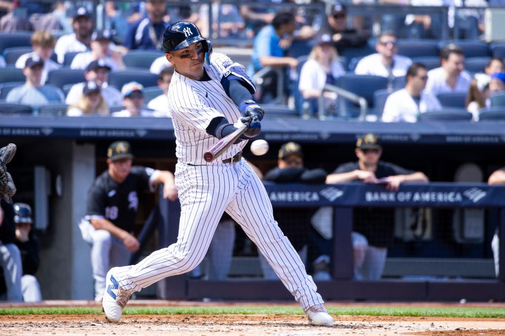 Yankees caycjer Jose Trevino hits a two-run single scoring Gleyber Torres and Anthony Rizzo in the second inning on Sunday.