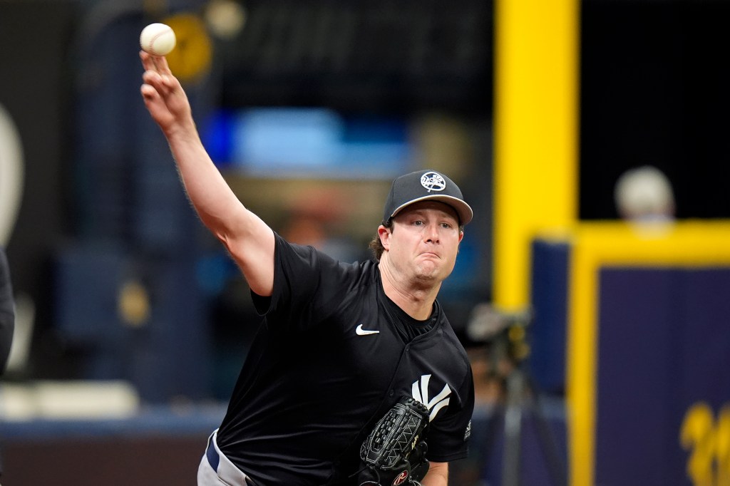 Yankees pitcher Gerrit Cole throws a bullpen session before a baseball game against the Tampa Bay Rays, Saturday, May 11, 2024