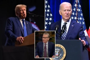 A collage of Joe Biden, Donald Trump, and Bill Maher all dressed in suits