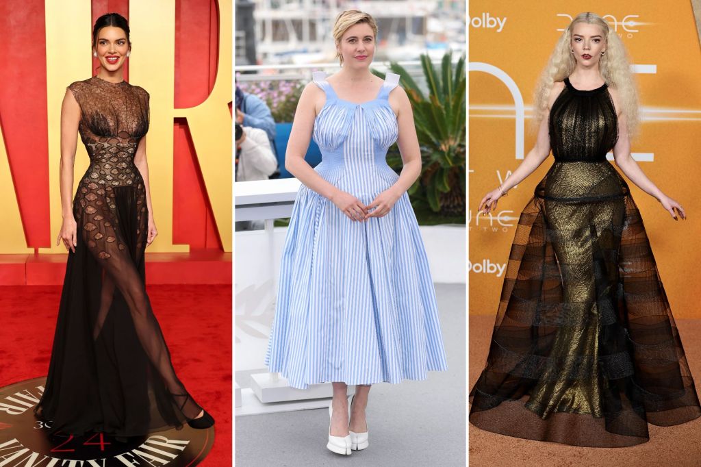 A collage of women in dresses, including celebrities Greta Gerwig, Kendall Jenner, and Anya Taylor-Joy.