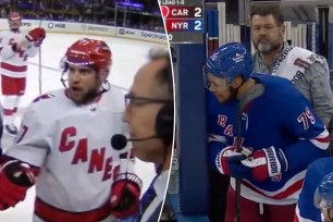 Tony DeAngelo (right) challenged K'Andre Miller to a fight during a shift change in the Rangers' Game 2 win.