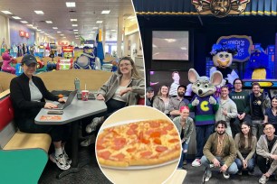 A group of young people are working remotely at their local Chuck E. Cheese.