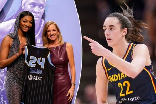 Angel Reese with WNBA commissioner Cathy Engelbert after being selected seventh overall by the Chicago Sky during the first round of the WNBA basketball draft on Monday, April 15, 2024, in New York. 