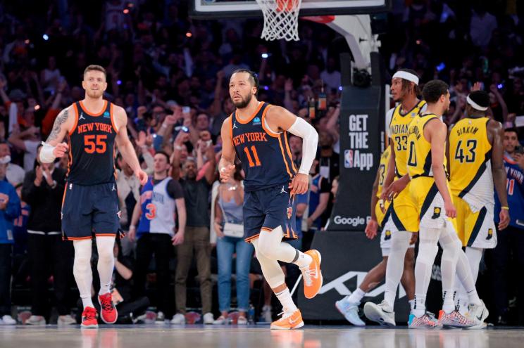 The Knicks' Jalen Brunson runs down the court after scoring in Game 2 against the Pacers.