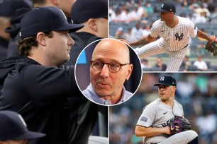 Gerrit Cole watches a Yankees game; Luis Gil (top right) and Carlos Rodon (bottom right) on the mound; inset: Brian Cashman