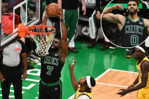 Jaylen Brown, slamming home a dunk, and Jayson Tatum (inset) combined for 63 points in the Celtics' 126-110 Game 2 win over the Pacers.