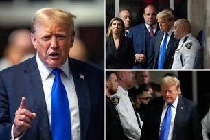 Donald Trump multiple times in a collage, dressed in a suit and tie