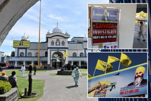 People walk at Guru Nanak Sikh Gurdwara, site of the 2023 murder of Sikh separatist leader Hardeep Singh Nijjar, in Surrey, British Columbia, Canada May 3, 2024.