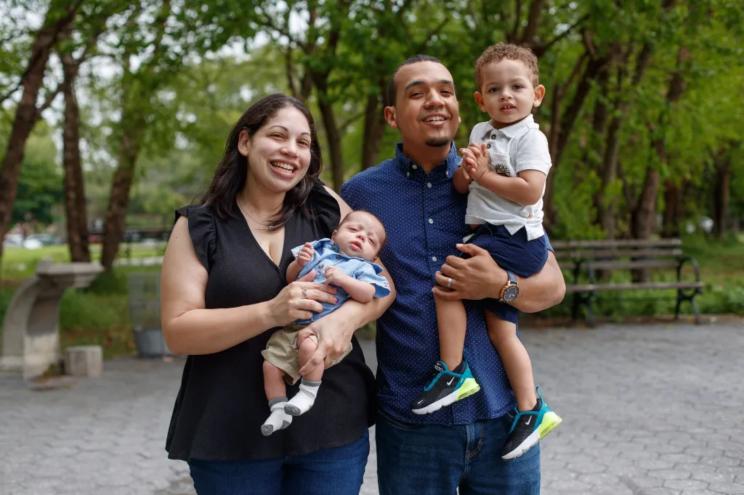 Amanda Perez safely gave birth to two babies with the help of NYU Langone's Postpartum Cardiovascular Health Program. She's pictured in Soundview Park in the Bronx with her husband, Luis, 23-month-old son Lucas and 7-week-old son Daniel.