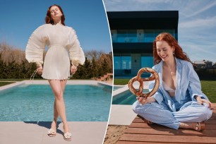 Two different photos of Madelaine Petsch in fashion clothing by a poolside
