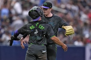 Former Yankees catcher Ben Rortvedt chest bumps Pete Fairbanks after the Rays' 7-2 win over the Bombers.