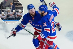 Hockey players Niklas Kronwall, Paul Maurice, and Reilly Smith on ice in a collage titled 'Rangers Comp'