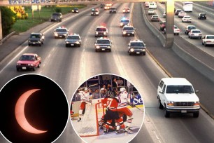OJ Simpson Bronco chase occurred on the same day as the Rangers' parade down the Canyon of heroes, and in 2024, Simpson died. There was a solar eclipse in 1994 (inset) and in 2024. Stephane Matteau's Game 7 winning goal vs the Devils (inset) was similar to Vincent Trocheck's game-winning goal in double OT in the Rangers' Game 2 win over the Hurricanes.