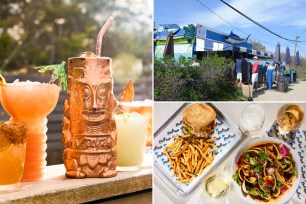 A collage of fresh seafood and drinks at Shark Bar.