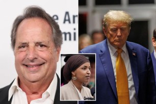 A collage featuring celebrities Jon Lovitz, Donald Trump, and Ilhan Omar