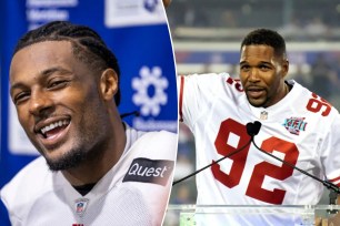 A collage image of Michael Strahan wearing a football jersey