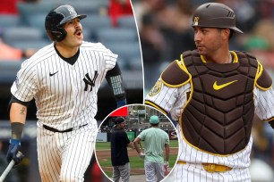 Austin Wells at bat for the Yankees; Kyle Higashioka plays catcher for the Padres; Wells and Higashioka before a game in San Diego