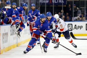 Filip Chytil, who played right wing at times on the top line, skates with the puck during the Rangers' 3-2 loss to the Panthers in Game 5.