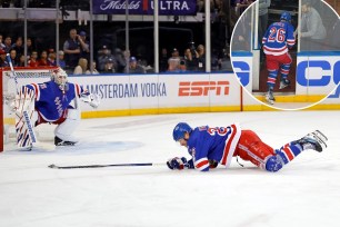 Jimmy Vesey exited with an upper-body injury and didn't return in Game 1 for the Rangers.