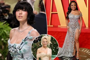 Collage of celebrities Sydney Sweeney, Pamela Anderson, and Quinta Brunson wearing off-the-shoulder dresses