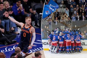 Knicks fans cheer a Donte DiVincenzo basket; Rangers fans celebrate a double-overtime win in Game 2