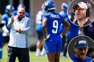 Brian Daboll talks to Malik Nabers at Giants rookie minicamp; Shane Bowen; Michael Ghobrial