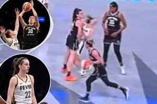 Breanna Stewart leveled Caitlin Clark with a screen late in the first quarter of the Liberty's game against the Fever on Saturday.