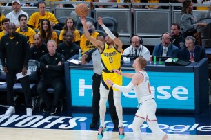 Tyrese Haliburton, who scored 35 points, shoots a 3-pointer during the Knicks' 111-106 Game 3 loss to the Pacers.