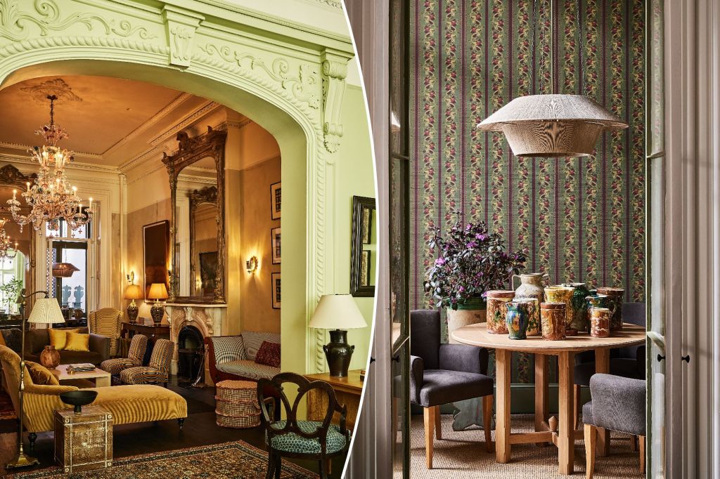 A collage of a room featuring a table and chairs