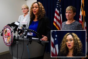 Maryland State Attorney for Baltimore City Marilyn Mosby, center, stands with Becky Feldman, left, interim strategic policy and planning director, and Janice Bledsoe, right, deputy state's attorney of criminal justice, during a news conference pertaining to a case against Adnan Syed, Tuesday, Oct. 11, 2022