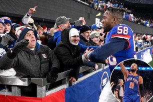 Bobby Okereke greets Giants fans after a game at MetLife Stadium; the Knicks' Jalen Brunson reacts after a basket