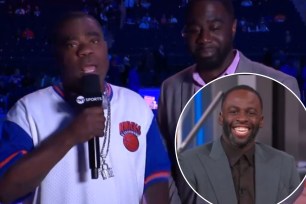 Tracy Morgan and Draymond Green smiling while one of them holds a microphone