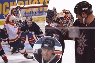 Rangers goalie Mike Richter in net (left) and hugging Esa Tikkanen (right) during the 1997 playoffs vs. the Panthers; Wayne Gretzky