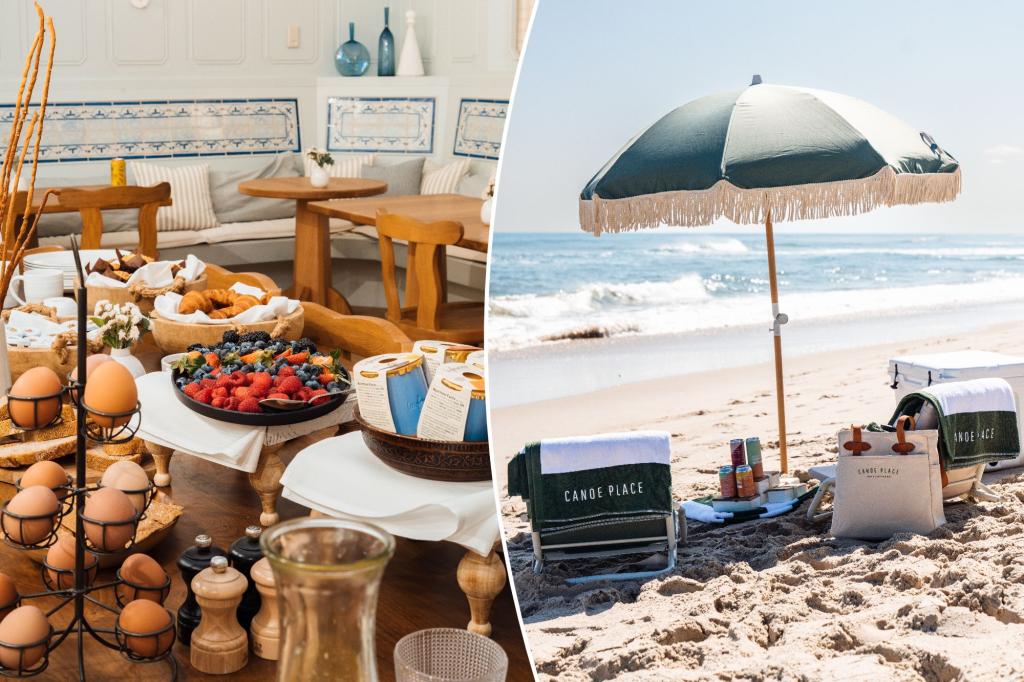 A beach scene featuring a table set with food under an umbrella, advertising rooms from $595 at CanoePlace.com