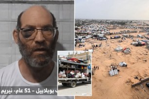 Nadav Popplewell, Rafah tent shelters, Palestinian man with belongings loaded on truck.