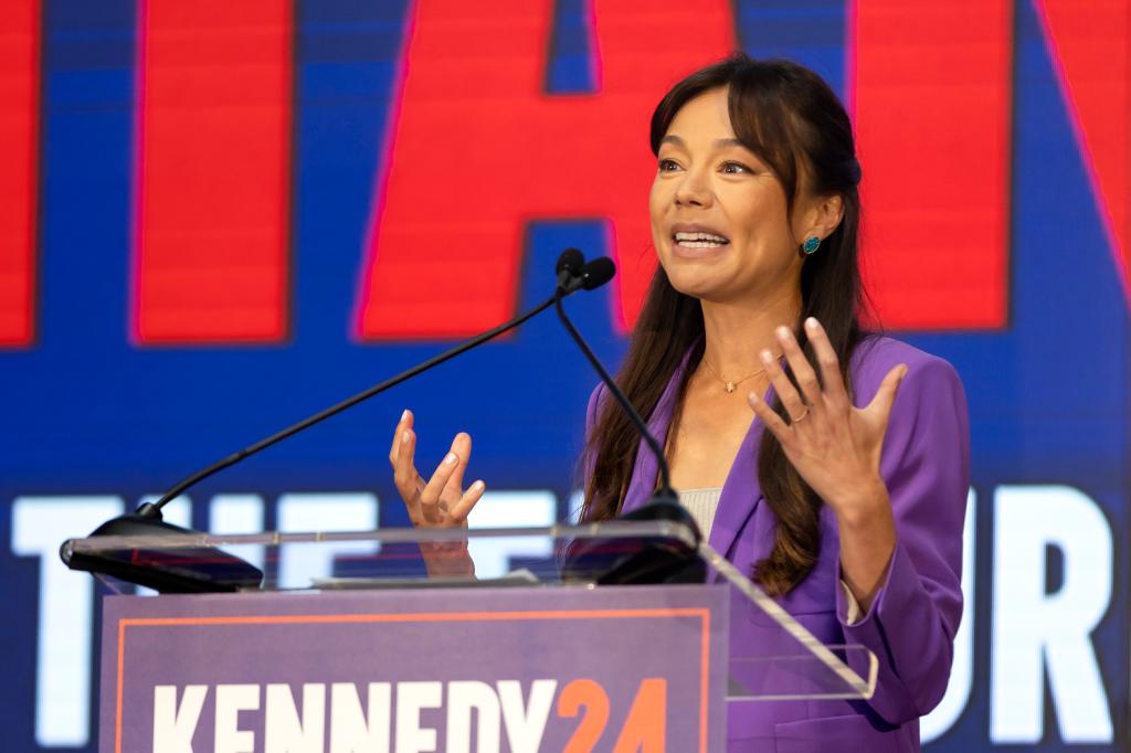 Nicole Shanahan speaks on stage during a rally after Presidential candidate Robert F. Kennedy jr. announced her as his Vice President representative at the Henry J. Kaiser Center for the Arts in Oakland, Calif. on Tuesday Mar 26, 2024.