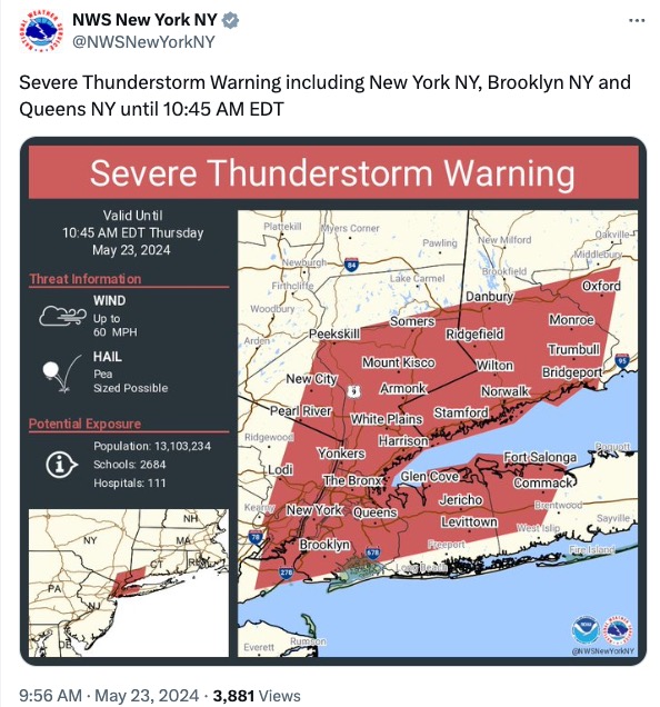Severe Thunderstorm Warning including New York NY, Brooklyn NY and  Queens NY until 10:45 AM.