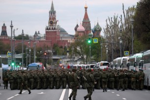 Officers of Russian Armed  Forces march at Moskvoretskaya embankment, near the Kremlin, during the Victory Day Parade rehearsals, May 2, 2024, in Moscow, Russia
