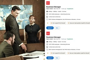 Image of two men and a woman at a table in a scene from "Mad Men" at left, and two Linkedin job postings at Ogilvy with differing salary ranges, in images stacked on the right.